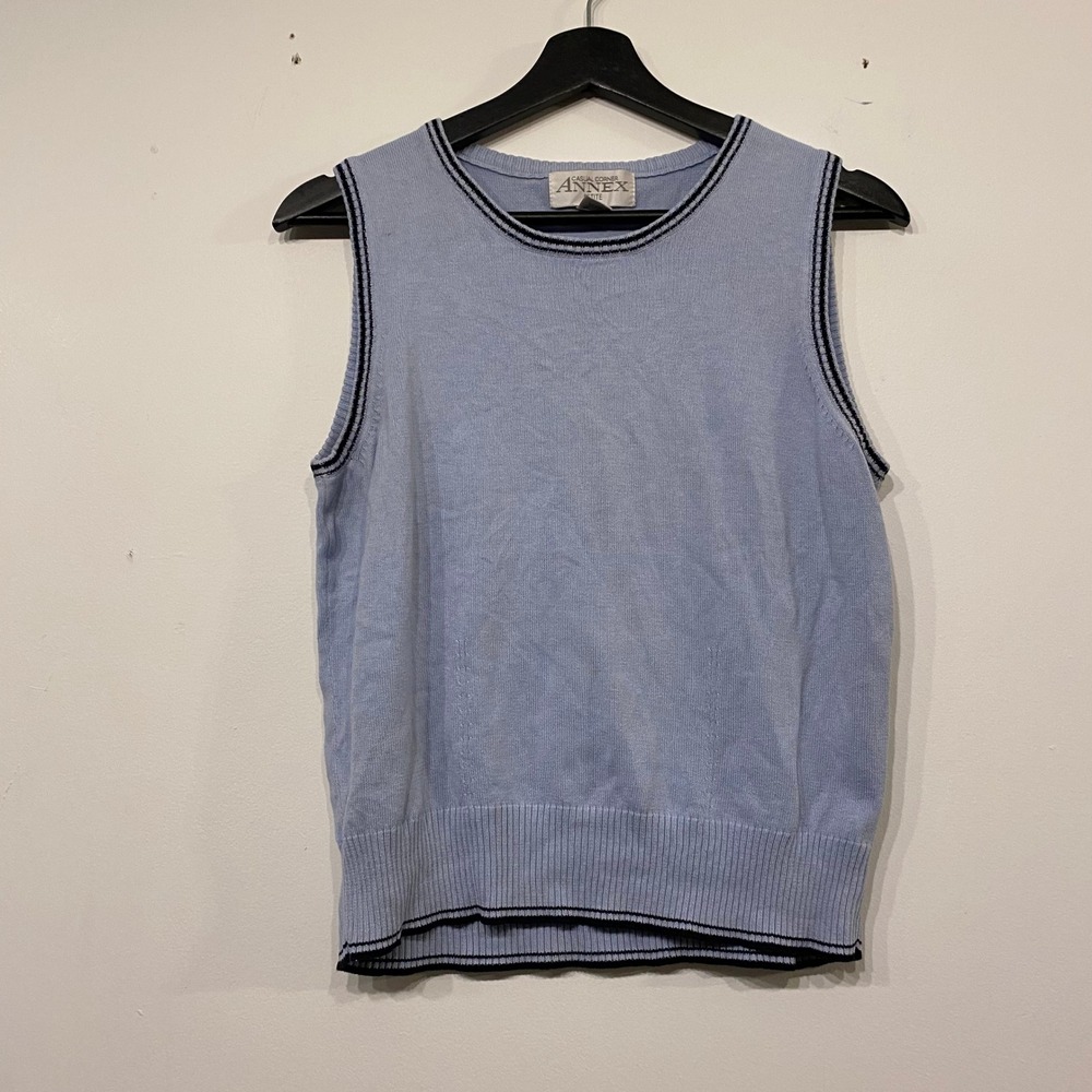 Casual Corner Annex Petite Blue Sweater Vest Navy Striped Trim Medium Vintage